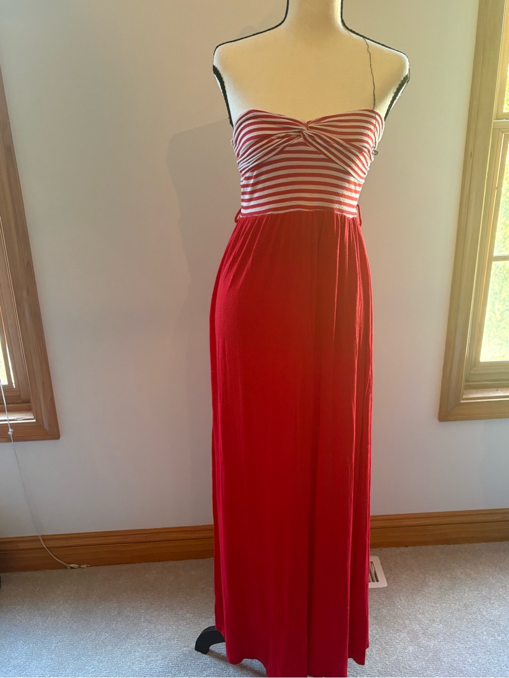 2B Bebe Red Strapless Maxi Dress with White Striped Bust